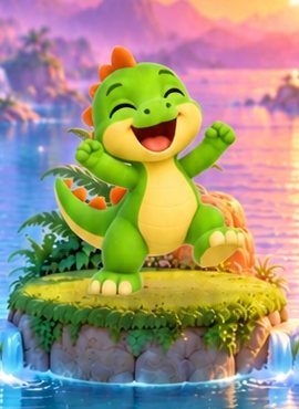Dex the dinosaur cheering on a grassy island
