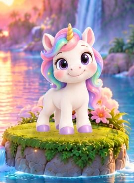 Luna the unicorn with a rainbow mane on a flowery island