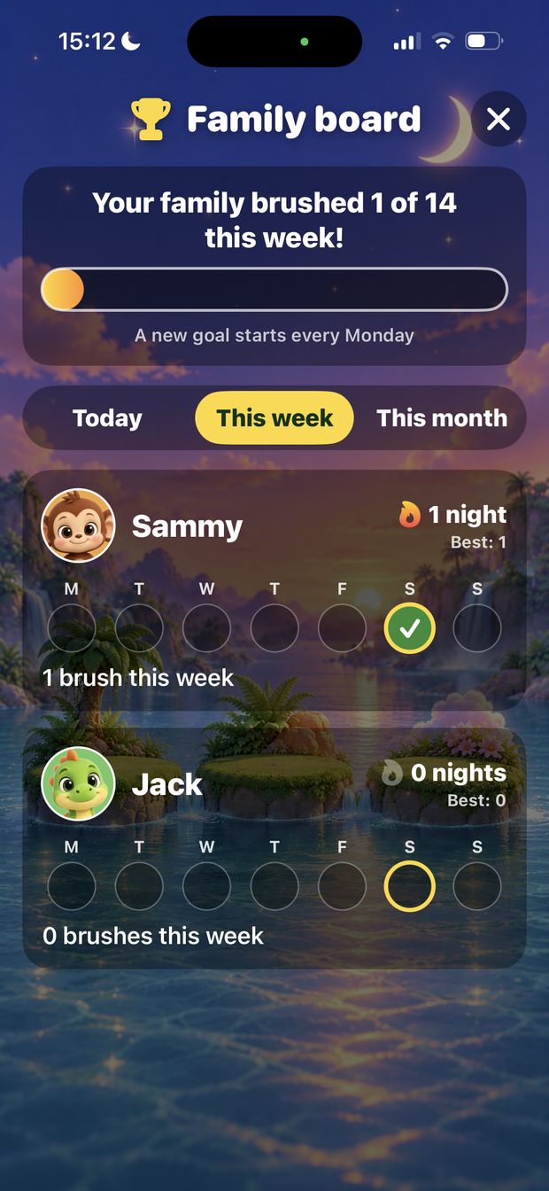 Family board showing two children's brushing days this week and a shared family goal
