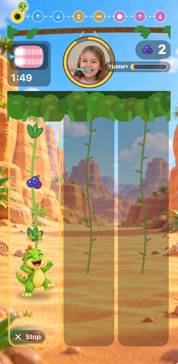 Game screen: a girl brushes while Dex the dinosaur catches berries in a sandy canyon