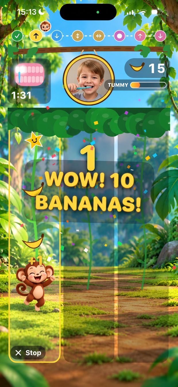 A boy brushing his teeth while Mojo the monkey catches bananas. The screen celebrates: Wow! 10 bananas!