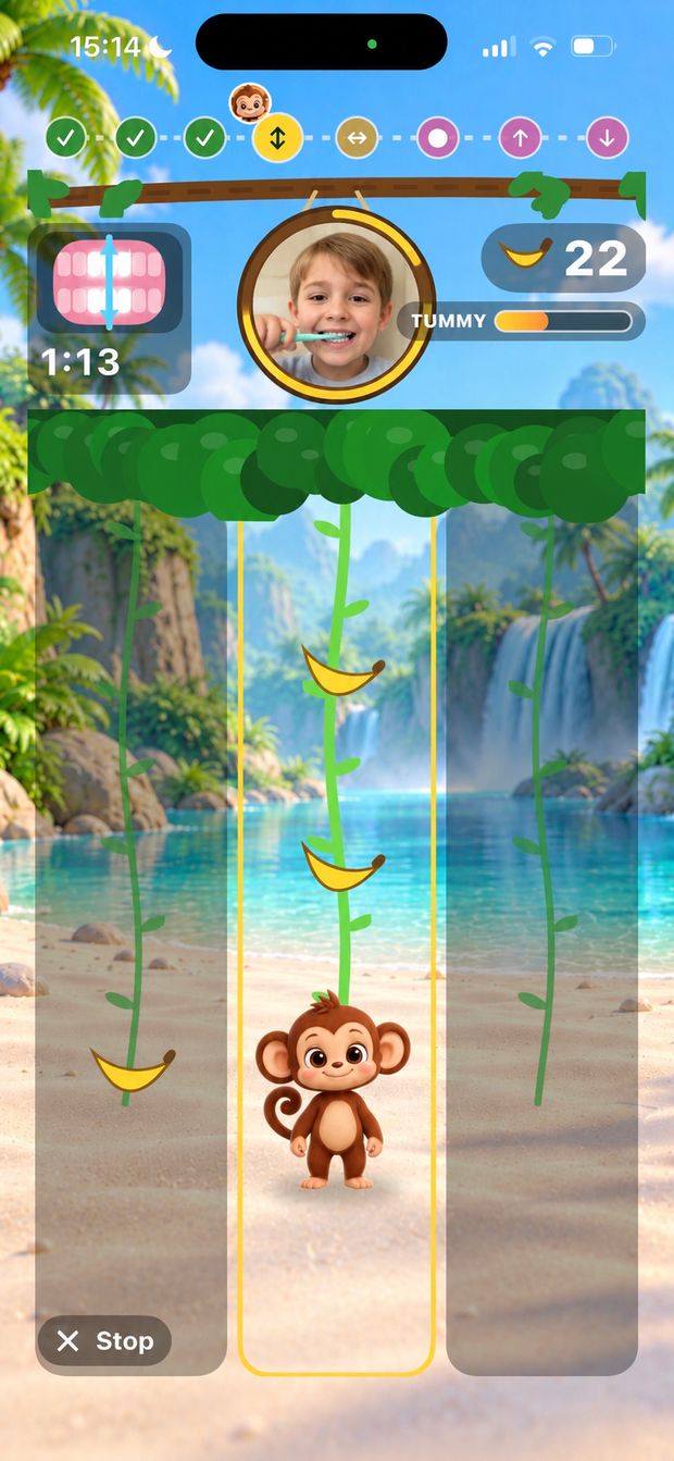 Game screen: a boy brushes his front teeth and Mojo waits in the middle lane as bananas fall