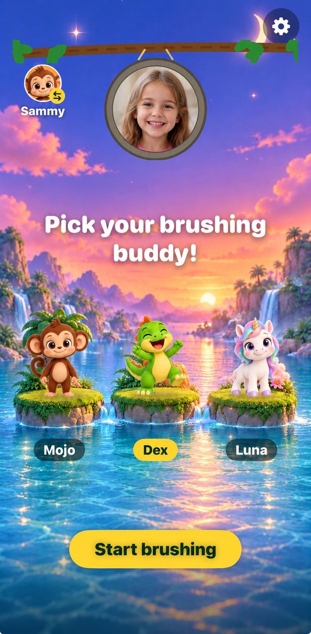 Pick your brushing buddy screen with Mojo, Dex and Luna on three little islands