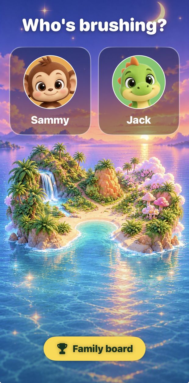 Who's brushing screen with two children's picture buttons over the island